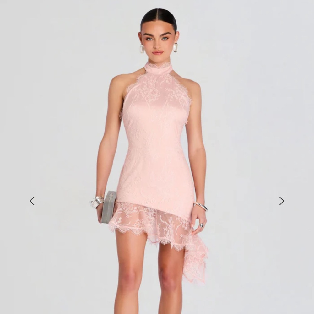 Retrofete Blush Pink Lace Asymmetrical Halter Dress